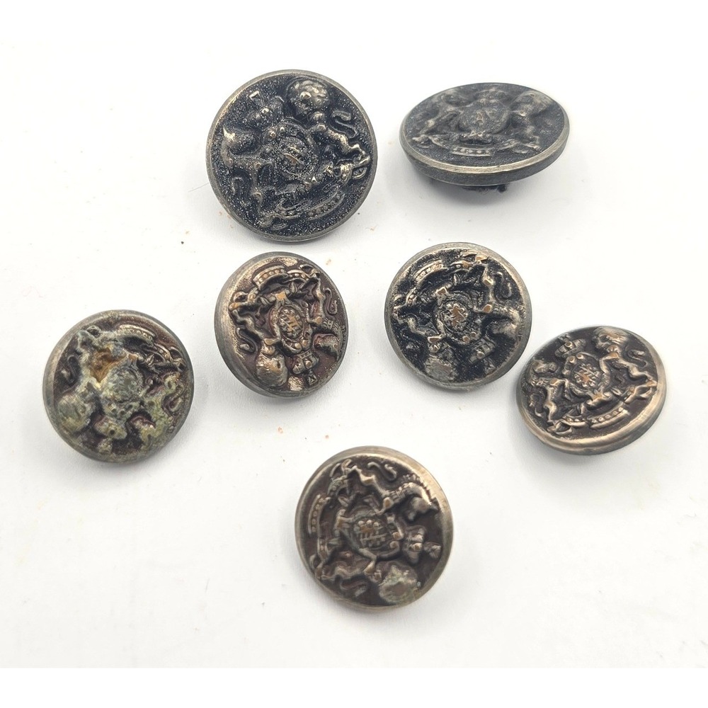Silver Tone Heraldic Crest Blazer Jacket Buttons Vintage Lot 7 Shank 20mm 15mm